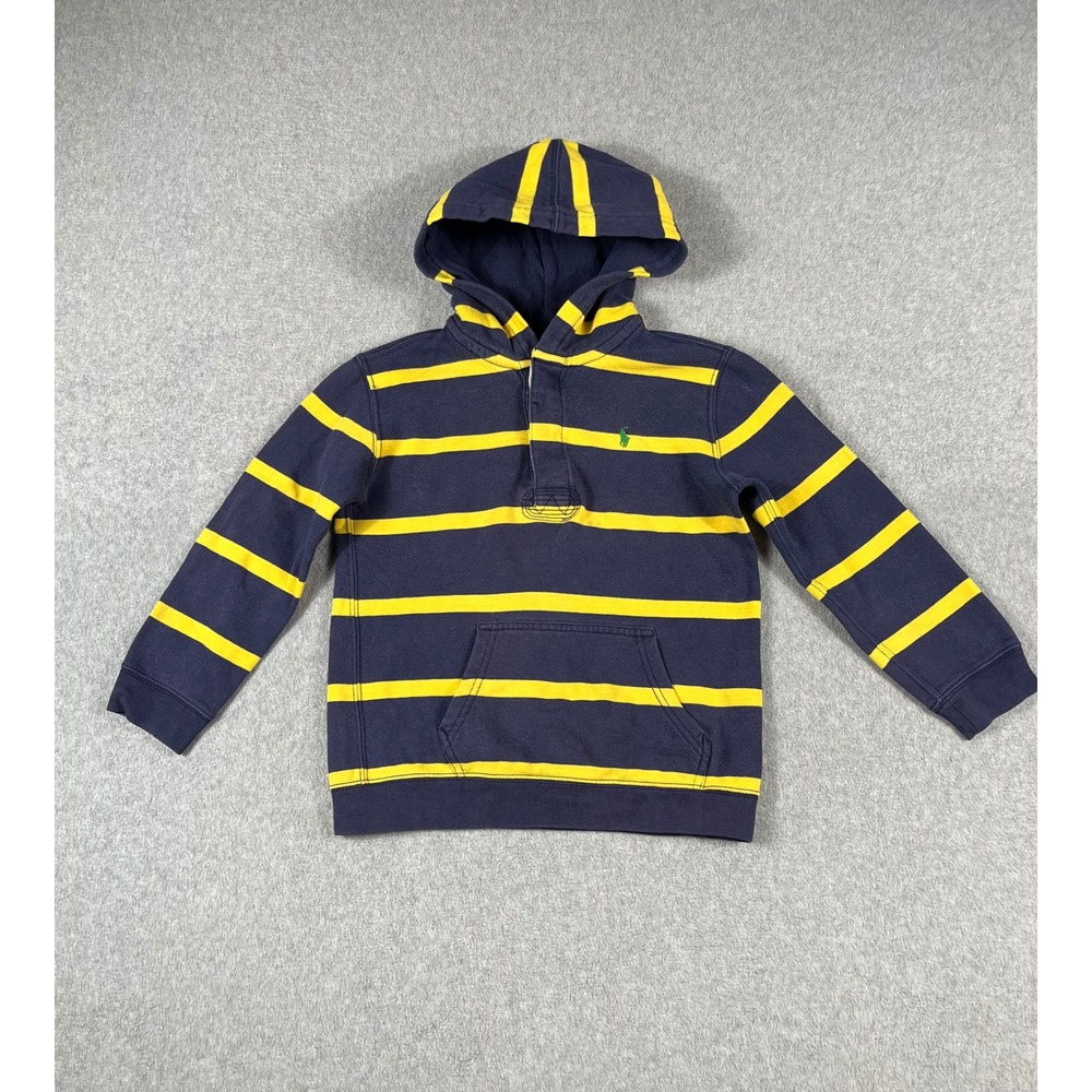 Polo Ralph Lauren Kids Navy Yellow Striped Rugby Hoodie Size 7 Pullover